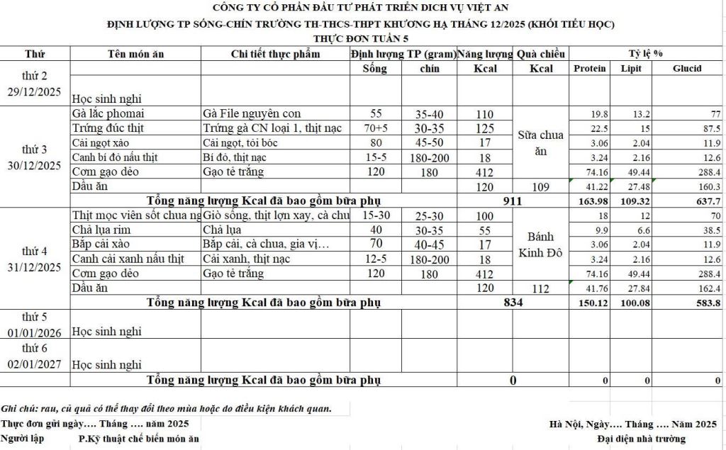 THỰC ĐƠN BÁN TRÚ TUẦN TỪ 29/12/2025 ĐẾN 02/01/2026
