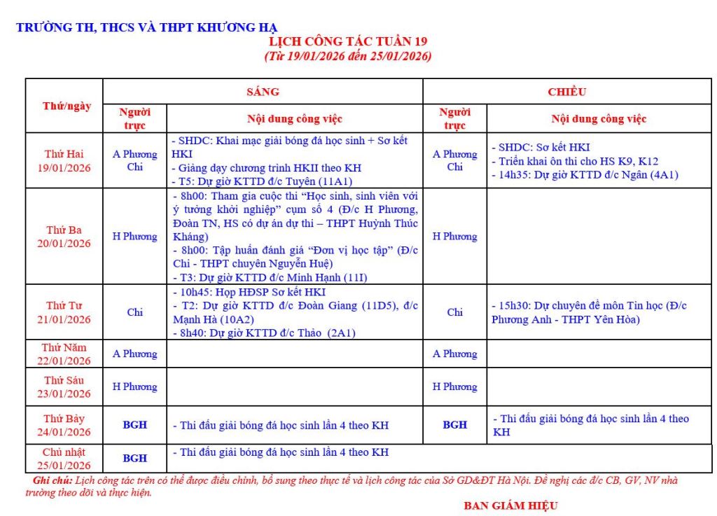 LỊCH CÔNG TÁC TUẦN 19 TỪ 19/01/2026 ĐẾN 25/01/2026