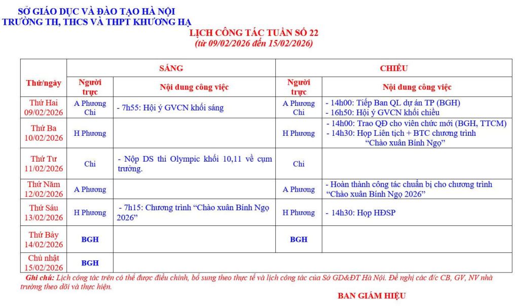 LỊCH CÔNG TÁC TUẦN 22 TỪ 09/02/2026 ĐẾN 15/02/2026