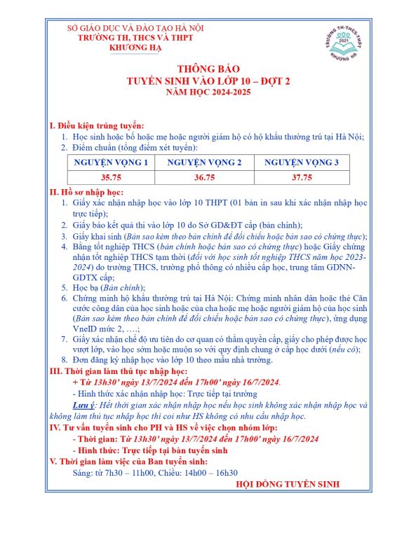 THÔNG BÁO TUYỂN SINH VÀO LỚP 10 – ĐỢT 2 NĂM HỌC 2024-2025
