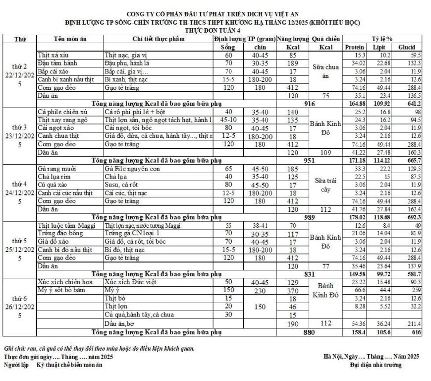 THỰC ĐƠN BÁN TRÚ TUẦN TỪ 22/12/2025 ĐẾN 26/12/2025