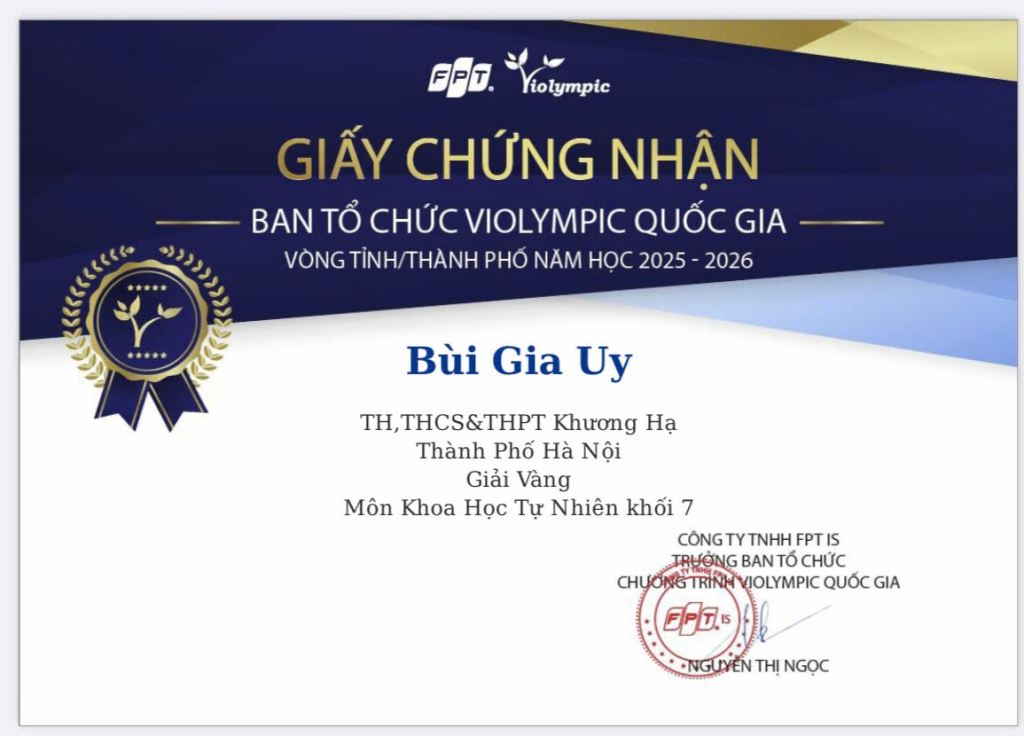 Trường TH, THCS và THPT Khương Hạ đón nhận Giải Vàng môn Khoa học Tự nhiên khối 7 tại vòng Thành phố cuộc thi Violympic Quốc gia Năm học 2025–2026 