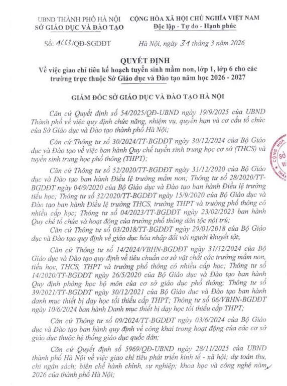 CHỈ TIÊU KẾ HOẠCH TUYỂN SINH MẦM NON, LỚP 1, LỚP 6 CHO CÁC TRƯỜNG TRỰC THUỘC SỞ GIÁO DỤC VÀ ĐÀO TẠO NĂM 2026-2027
