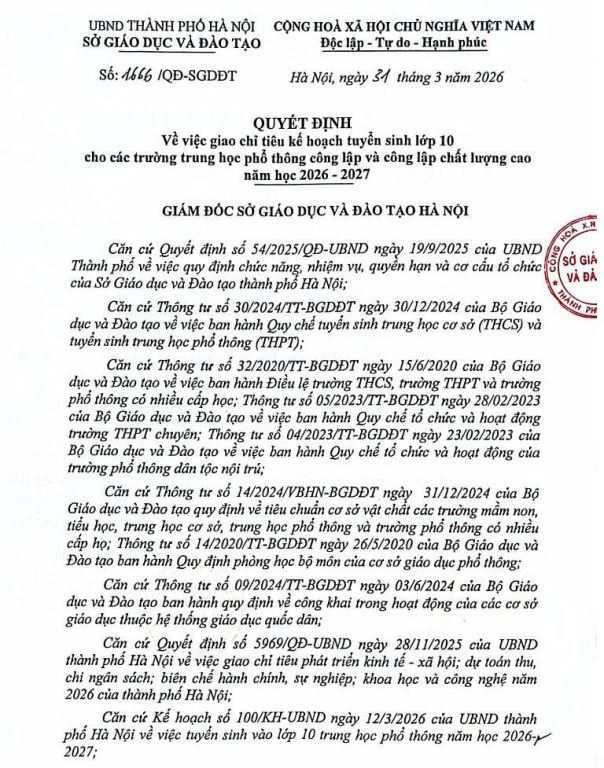 CHỈ TIÊU KẾ HOẠCH TUYỂN SINH VÀO LỚP 10 NĂM HỌC 2026-2027