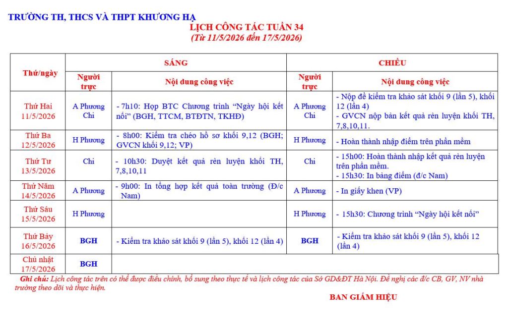LỊCH CÔNG TÁC TUẦN 34 TỪ 11/5/2026 ĐẾN 17/5/2026
