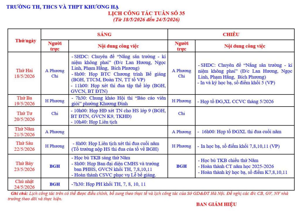 LỊCH CÔNG TÁC TUẦN 35 TỪ 18/5/2026 ĐẾN 24/5/2026