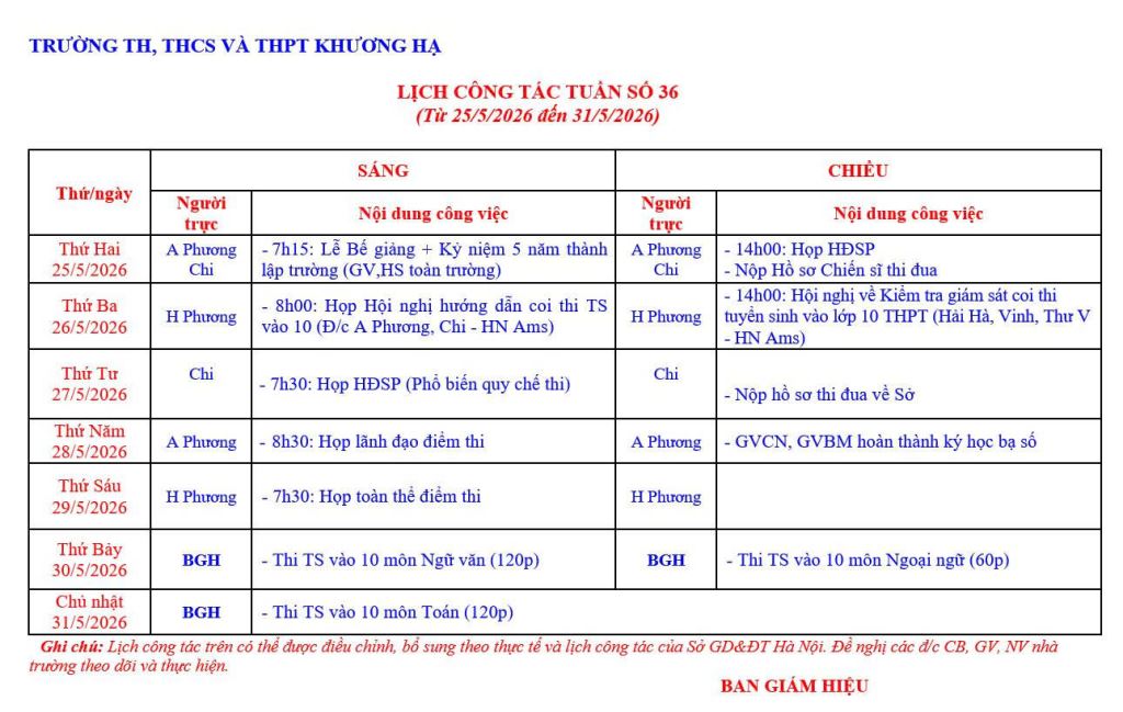 LỊCH CÔNG TÁC TUẦN 36 TỪ 25/5/2026 ĐẾN 31/5/2026