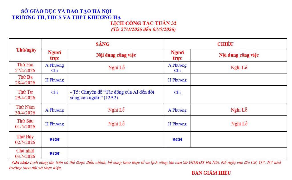LỊCH CÔNG TÁC TUẦN 32 TỪ 27/4/2026 ĐẾN 03/5/2026