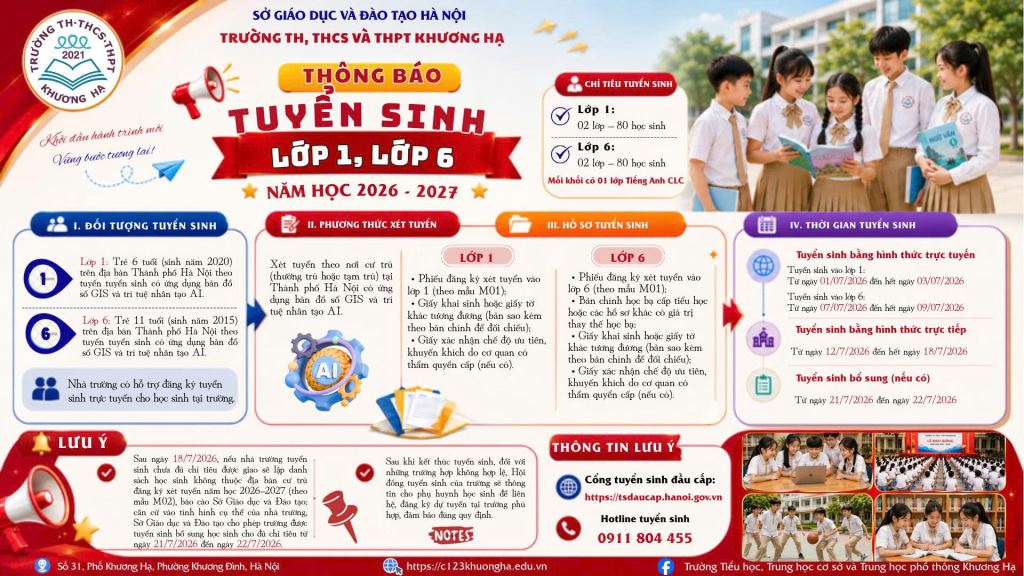 📣🎒 THÔNG BÁO TUYỂN SINH VÀ HƯỚNG DẪN ĐĂNG KÝ TUYỂN SINH VÀO LỚP 1, LỚP 6 NĂM HỌC 2026 – 2027 🎒📣