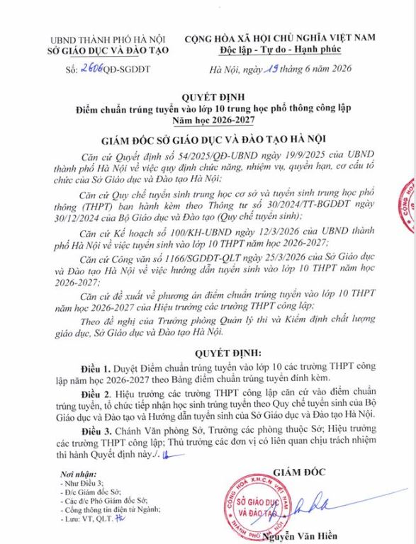 QUYẾT ĐỊNH ĐIỂM CHUẨN TRÚNG TUYỂN VÀO LỚP 10 THPT CÔNG LẬP NĂM HỌC 2026-2027