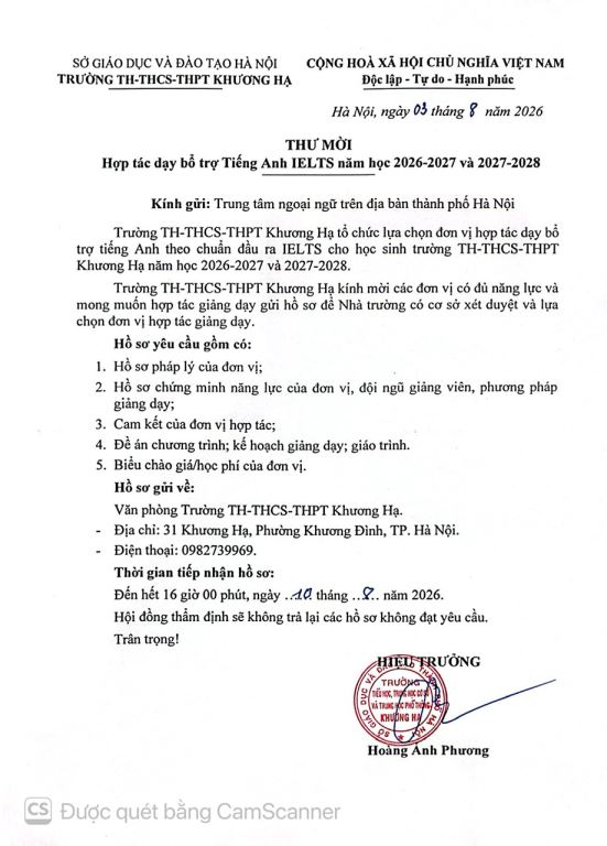 THƯ MỜI HỢP TÁC DẠY BỔ TRỢ TIẾNG ANH IELTS NĂM HỌC 2026-2027 VÀ 2027-2028