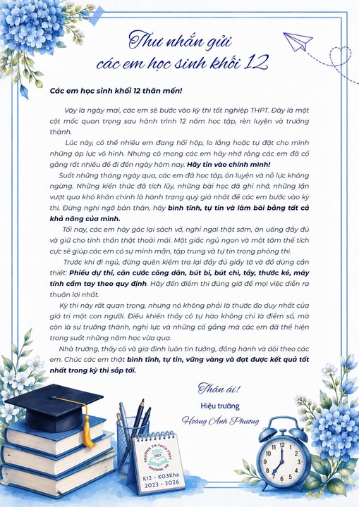 THƯ NHẮN GỬI CÁC EM HỌC SINH LỚP 12 