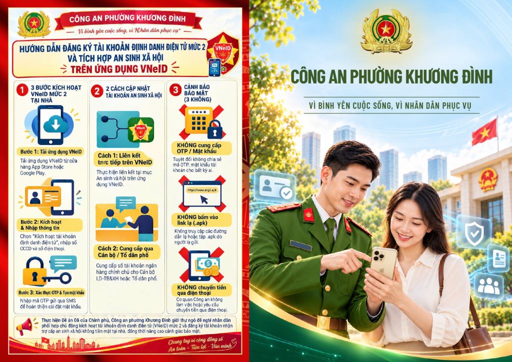 HƯỚNG DẪN ĐĂNG KÝ TÀI KHOẢN ĐỊNH DANH ĐIỆN TỬ MỨC 2 VÀ TÍCH HỢP AN SINH XÃ HỘI TRÊN ỨNG DỤNG VNeID CỦA CÔNG AN PHƯỜNG KHƯƠNG ĐÌNH