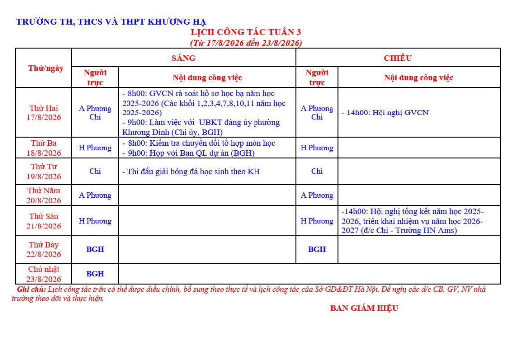 LỊCH CÔNG TÁC TUẦN 3 TỪ 17/8/2026 ĐẾN 23/8/2026