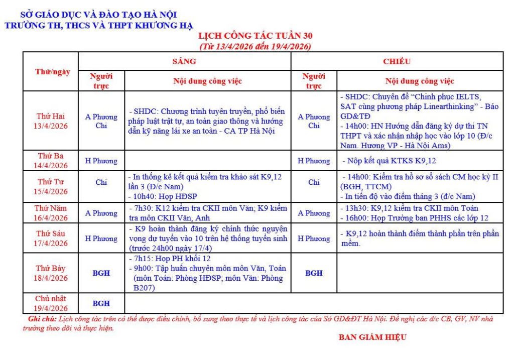 LỊCH CÔNG TÁC TUẦN 30 TỪ 13/4/2026 ĐẾN 19/4/2026