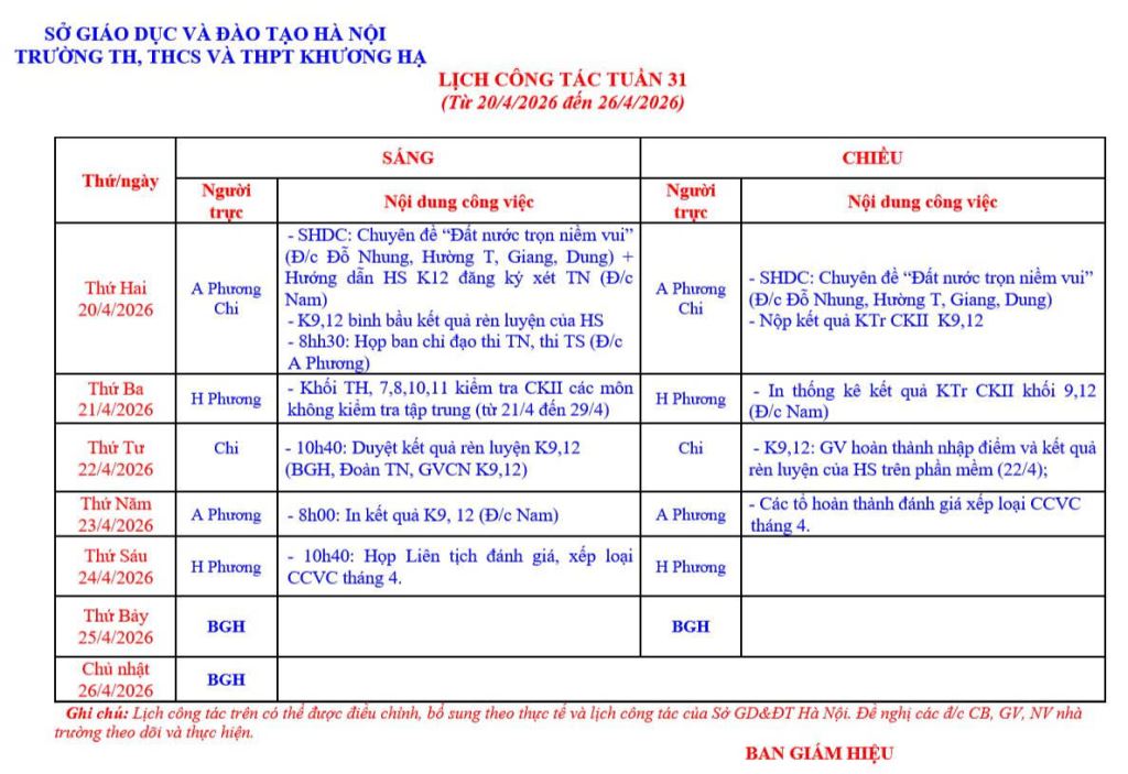 LỊCH CÔNG TÁC TUẦN 31 TỪ 20/4/2026 ĐẾN 26/4/2026