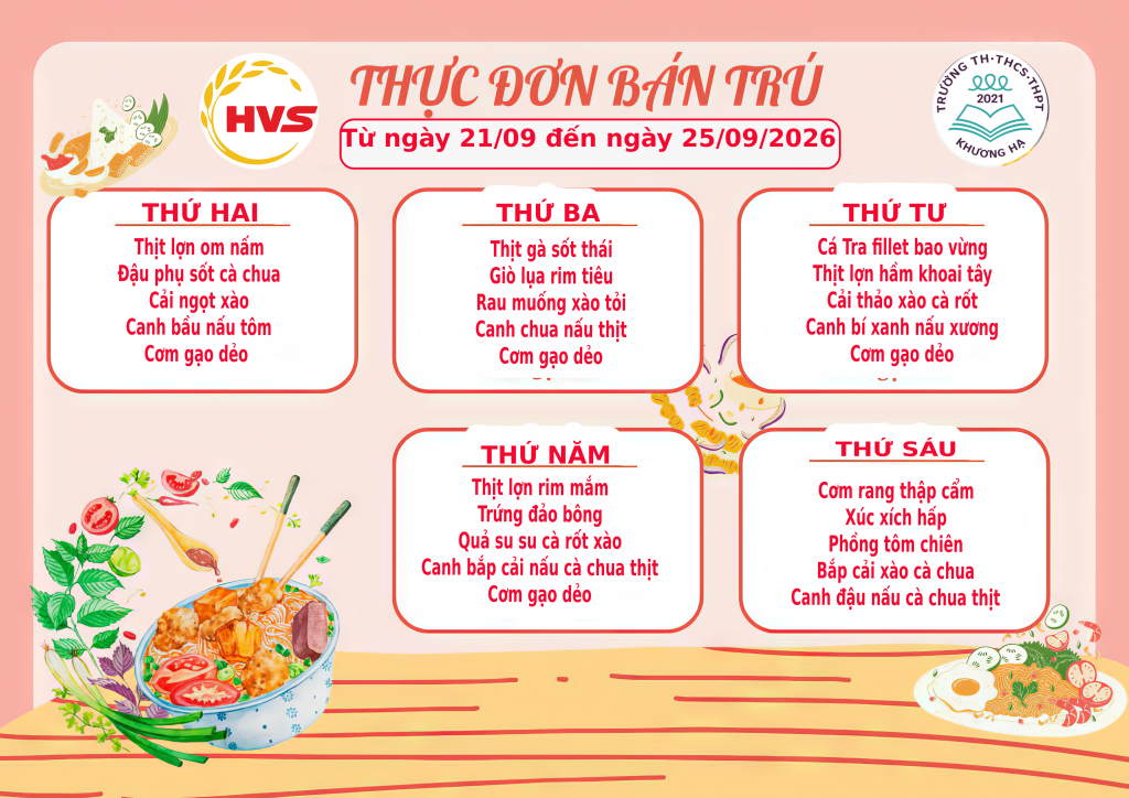 THỰC ĐƠN BÁN TRÚ TUẦN 3 THÁNG 9 NĂM 2026
