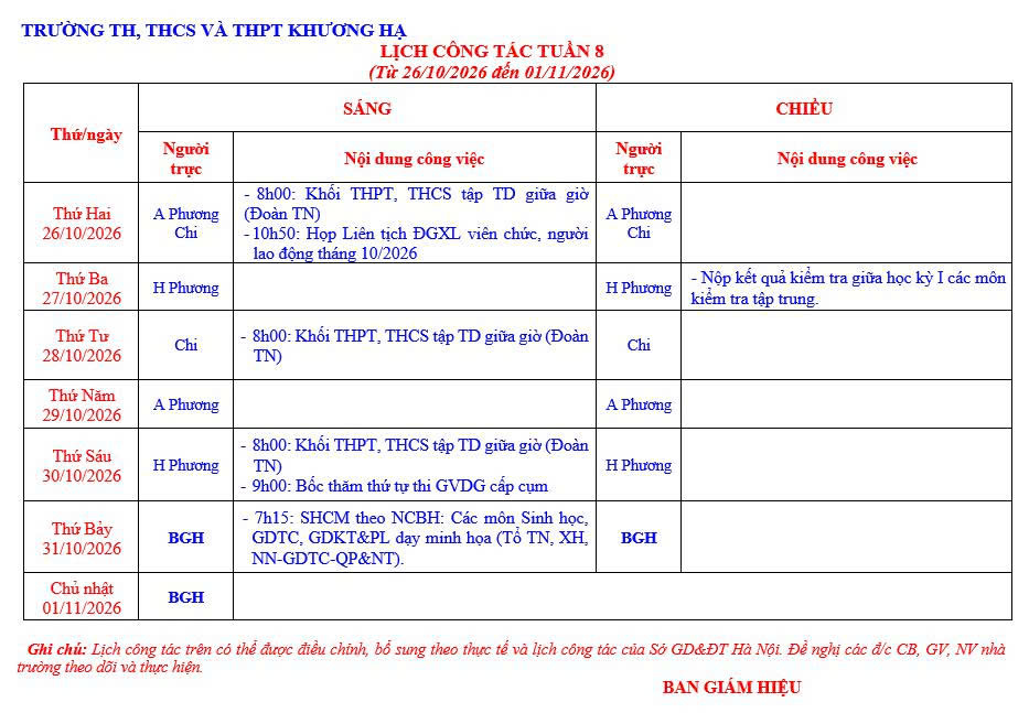 LỊCH CÔNG TÁC TUẦN 8 TỪ 26/10/2026 ĐẾN 01/11/2026