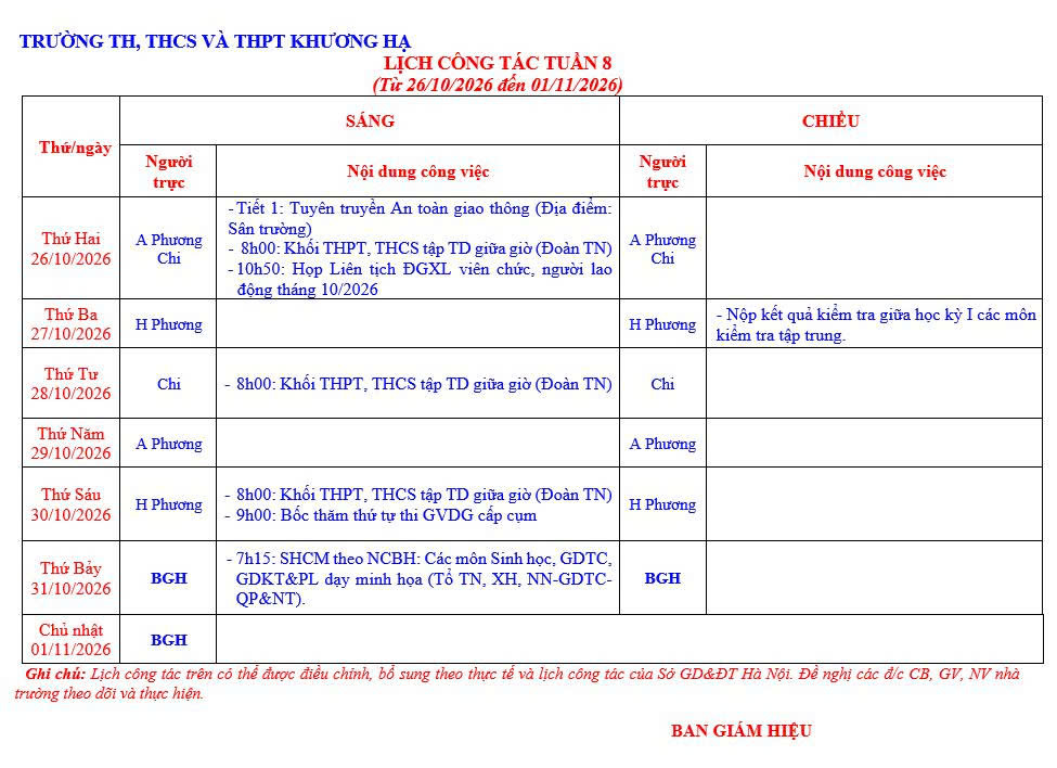 LỊCH CÔNG TÁC TUẦN 8 TỪ 26/10/2026 ĐẾN 01/11/2026