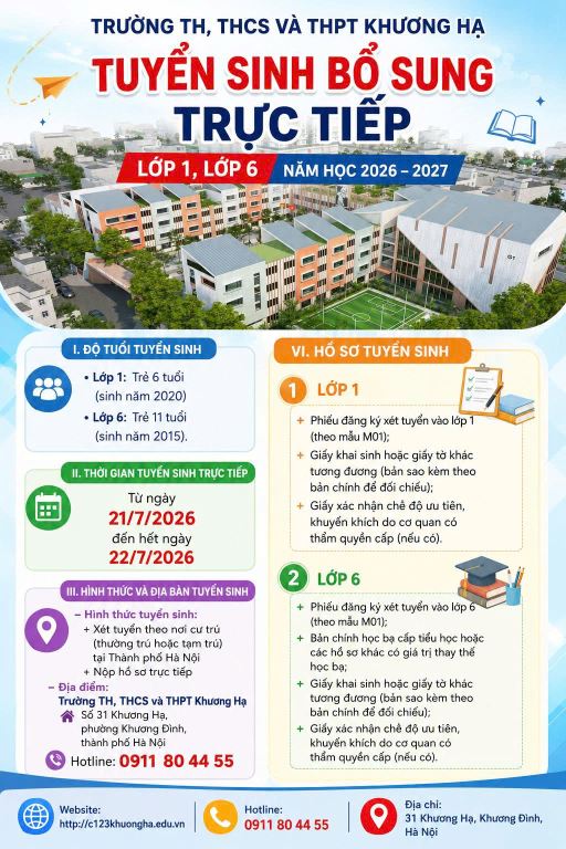 TUYỂN SINH BỔ SUNG TRỰC TIẾP LỚP 1, LỚP 6 NĂM HỌC 2026-2027