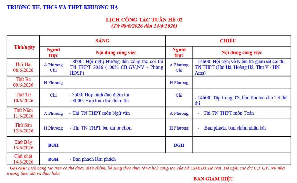 LỊCH CÔNG TÁC TUẦN HÈ 02 TỪ 08/6/2026 ĐẾN 14/6/2026