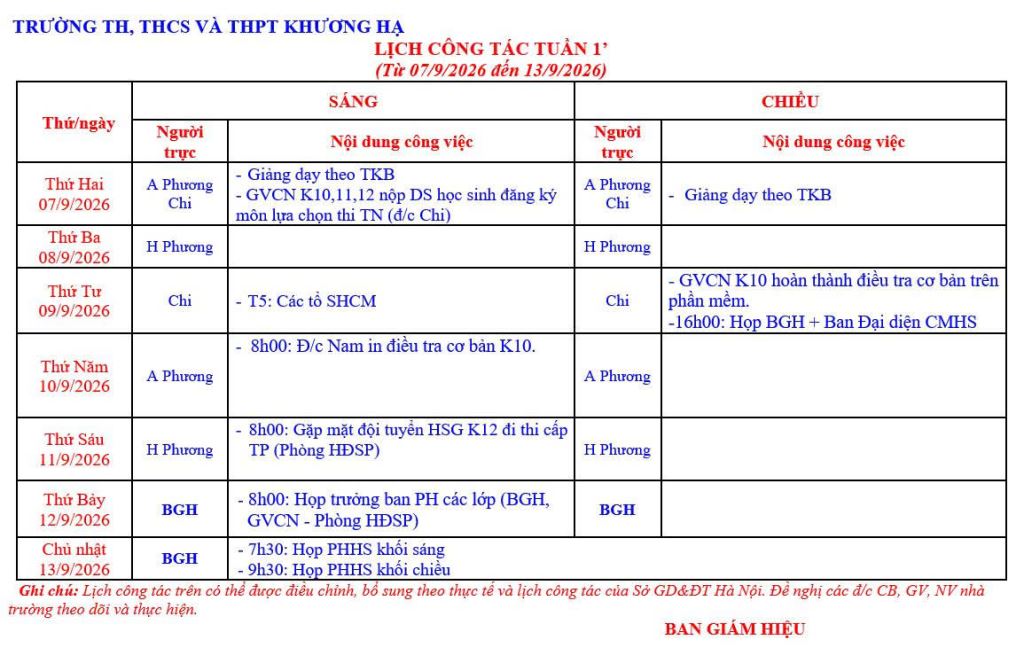 LỊCH CÔNG TÁC TUẦN 1' TỪ 07/9/2026 ĐẾN 31/9/2026