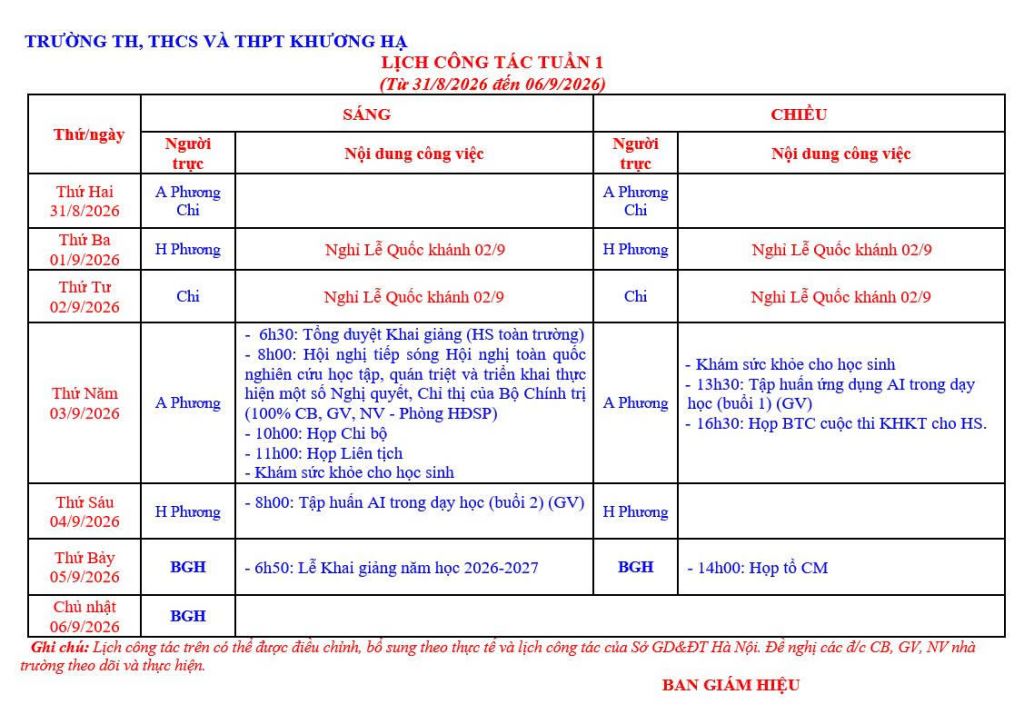 LỊCH CÔNG TÁC TUẦN 1 TỪ 31/8/2026 ĐẾN 06/9/2026