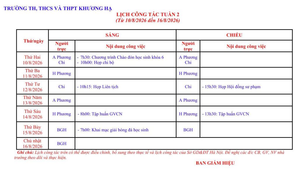 LỊCH CÔNG TÁC TUẦN 2 TỪ 10/8/2026 ĐÊN 16/8/2026