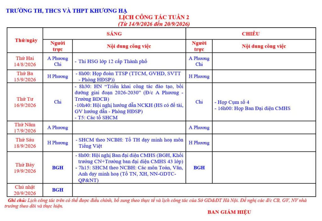 LỊCH CÔNG TÁC TUẦN 2 TỪ 14/9/2026 ĐẾN 20/9/2026