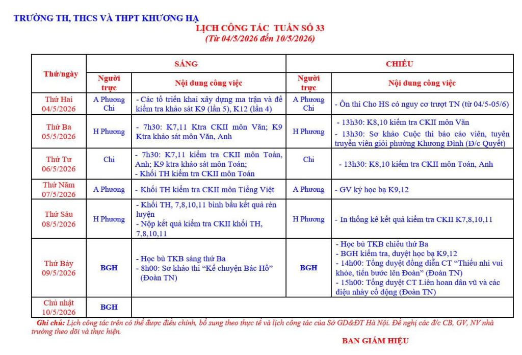 LỊCH CÔNG TÁC TUẦN 33 TỪ 04/5/2026 ĐẾN 10/5/2026