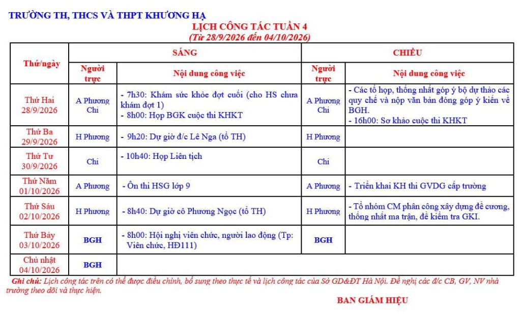 LỊCH CÔNG TÁC TUẦN 4 TỪ 28/9/2026 ĐẾN 04/10/2026