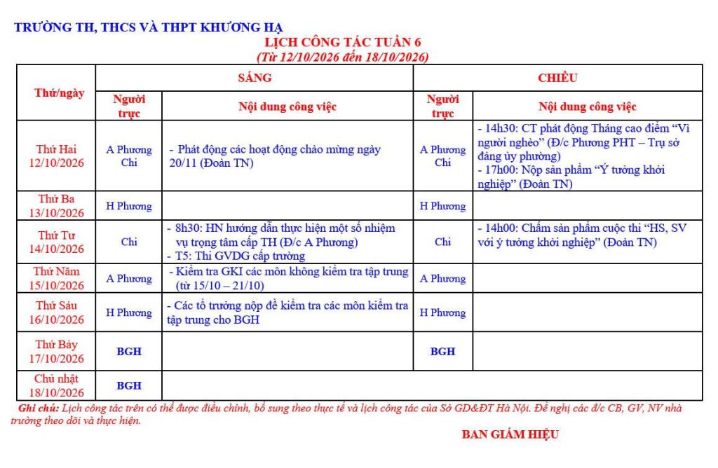 LỊCH CÔNG TÁC TUẦN 6 TỪ 12/10/2026 ĐẾN 18/10/2026