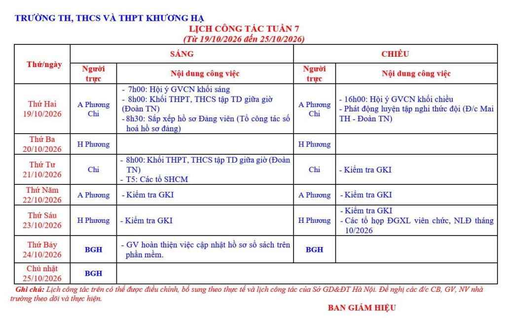 LỊCH CÔNG TÁC TUẦN 7 TỪ 19/10/2026 ĐẾN 25/10/2026