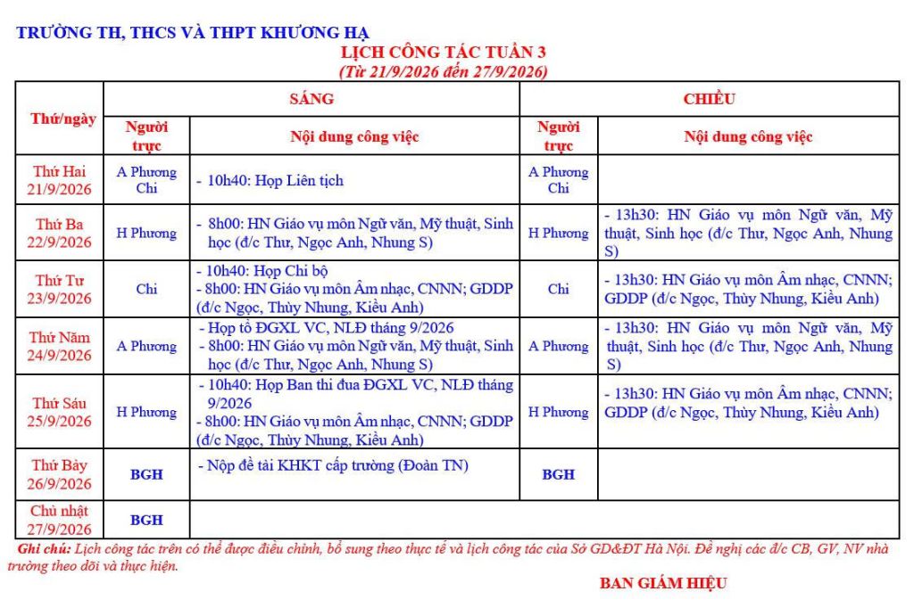 LỊCH CÔNG TÁC TUẦN 3 TỪ 21/9/2026 ĐẾN 27/9/2026