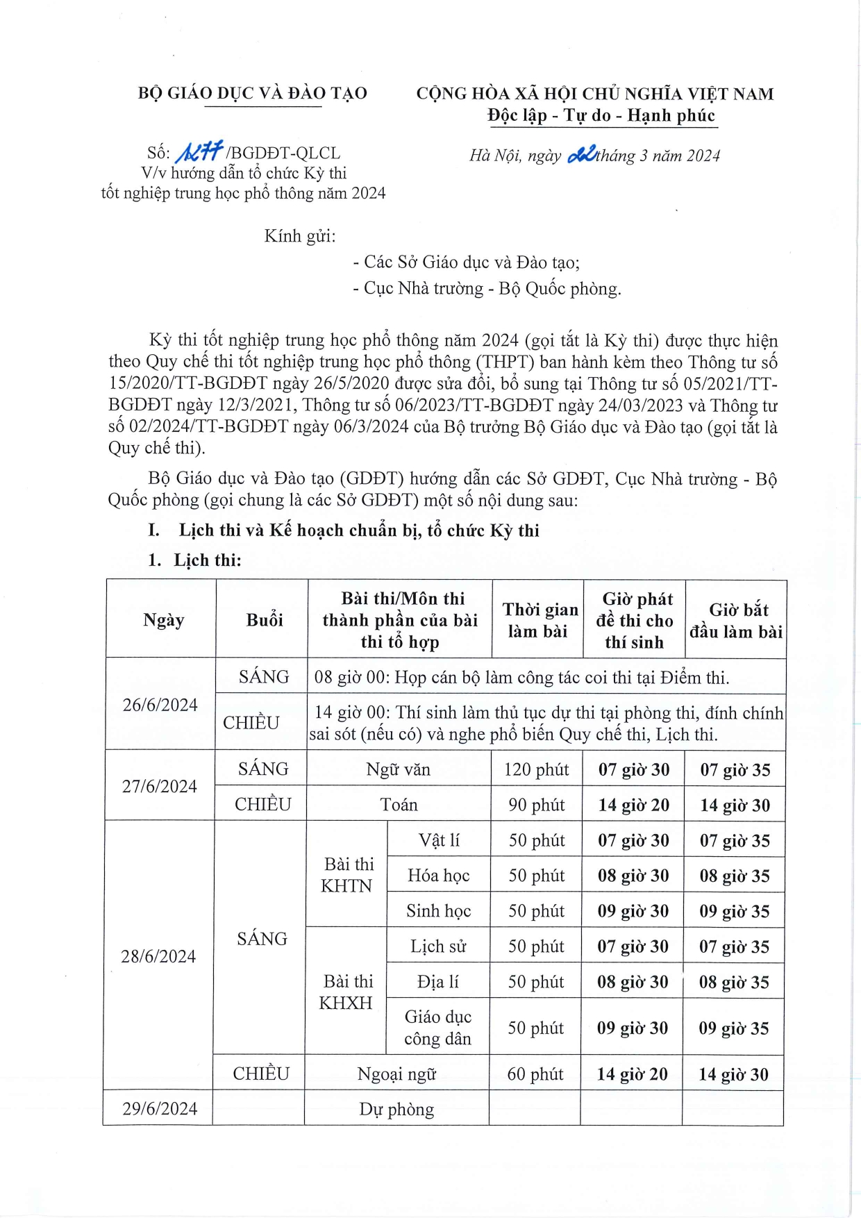 CÔNG VĂN HƯỚNG DẪN TỔ CHỨC KỲ THI TỐT NGHIỆP THPT NĂM 2024