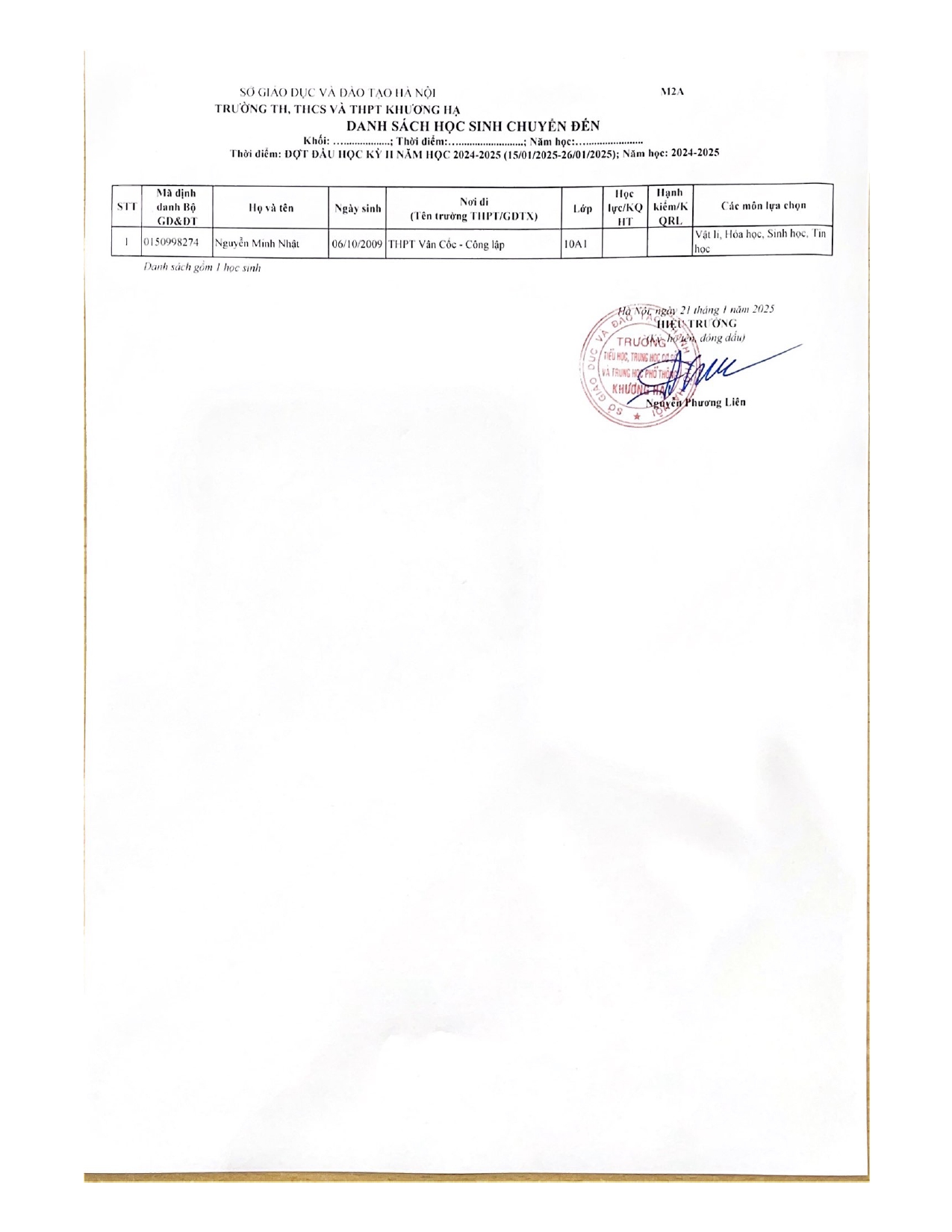 DANH SÁCH HỌC SINH CHUYỂN ĐẾN HỌC KÌ 2 NĂM HỌC 2024 – 2025