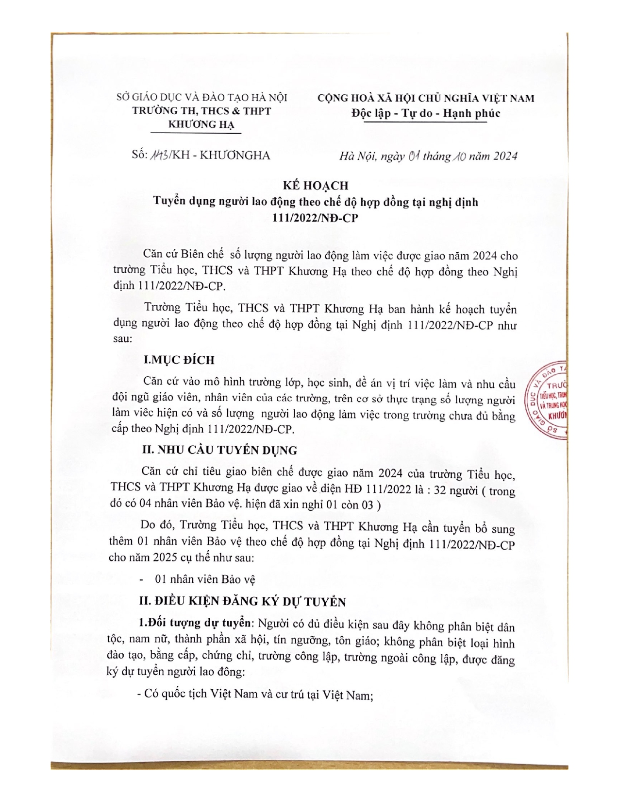 KẾ HOẠCH TUYỂN DỤNG NGƯỜI LAO ĐỘNG THEO CHẾ ĐỘ HỢP ĐỒNG TẠI NGHỊ ĐỊNH 111/2022/NĐ-CP